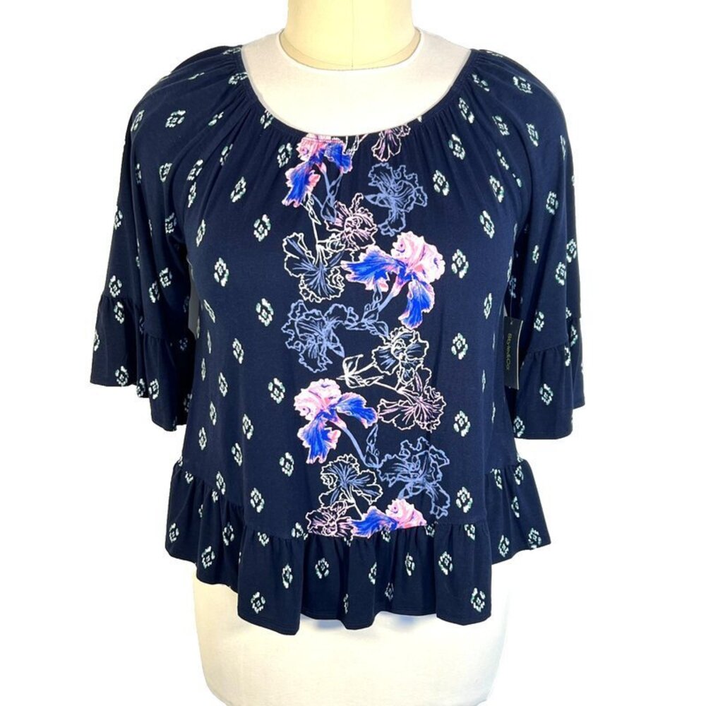 Style & Co Blouse Women's L 3/4 Ruffle Sleeve Ruffle Hem Iris Floral Print